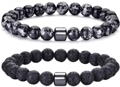 RANKEEF 8MM Bracelet Oeil de Tigre pour Homme Ensemble de Perles Bracelets | de Pierre Naturelle Bracelets de Pierre de Lave Extensibles Bracelet de Perles de Cristal Noir réglable pour Hommes