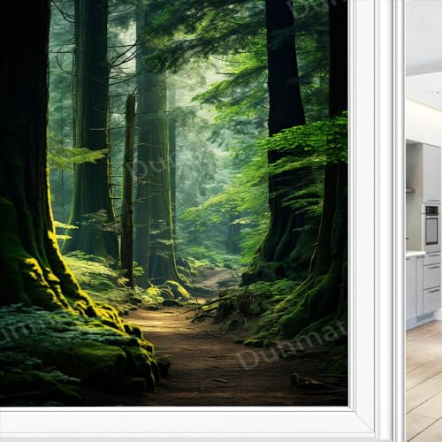 Fantasy Forest Sichtschutzfolie für Fenster, Vintage, grüne Bäume, Natur, Buntglas, Fensterfolie, dekorative Fensterfolie für Fenster und Glastür, Sonnenblockierung, 70 x 100 cm