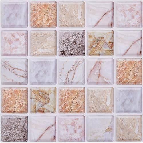 Warmiehomy 3D Self Adhesive Wall Tiles,30x30cm 12Pcs Peel and Stick Marble Tiles Waterproof Vinyl for Kitchen Backsplash Living Room Bedroom Bathroom(Orange-White Marble)