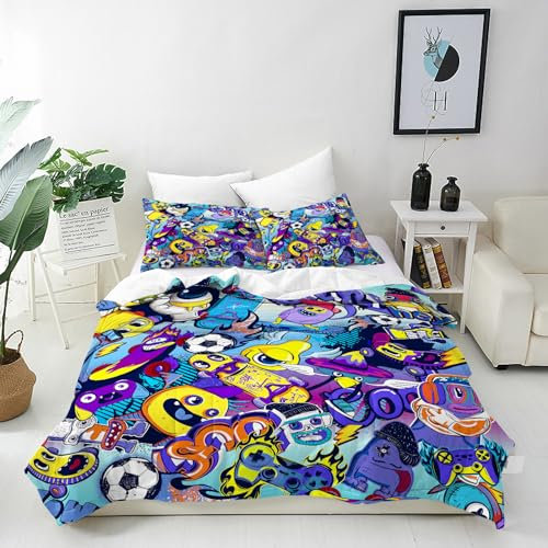 ANHOPE Bunte Monster Graffiti Bettwäsche Set 3 Teilig Bettbezug 155x220 cm + 2 Kissenbezug 80x80 cm Weich Microfaser Bettbezüge mit Reißverschluss Bettdeckenbezug Set für Kinder Jungen Mädchen