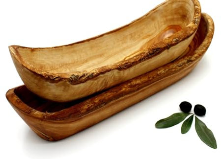 DAGDEG Olivenholz Schale länglich 35 cm – Rustikale Holzschale für Brot, Obst & Deko, Handarbeit aus Olivenholz