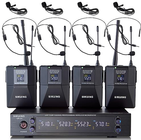 SIKUING Sistema microfonico wireless UHF a 4 canali con microfoni per cuffie lavalier, 4x50 frequenze regolabili, ideale per riunioni karaoke in chiesa, portata di 300 piedi (4 bodypack)