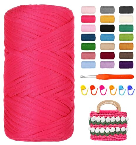 Bocguy 400g Textilgarn, Tshirt Garn, Bändchengarn zum Häkeln mit Häkelnadel | Jersey Garn, Schlauchgarn, Dickes Polyester Strickgarn für Häkeltaschen Körbe Teppiche, Heimdekoration, DIY-Kunsthandwerk