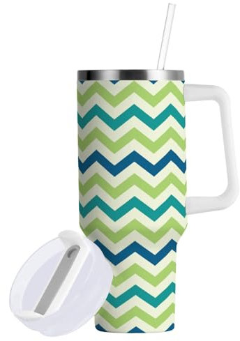 Boccsty Isolierter Zickzack-Zack-Becher aus Edelstahl, wiederverwendbar, 1,2 l, Kaffee-Reisebecher, Wasserflasche mit Griff und Klapp-Trinkhalm, für Zuhause, Büro, Auto