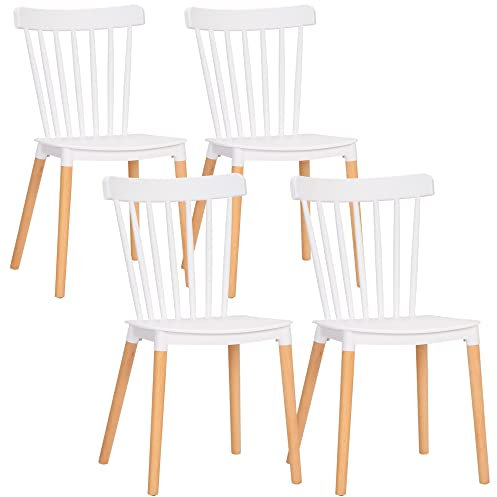 HOMCOM Lot de 4 chaises de Salle à Manger, chaises de Cuisine, Style scandinave, Dossier Haut, Assise en polypropylène, Pieds en hêtre, pour Salon, Chambre, Cuisine, Bureau, Blanc
