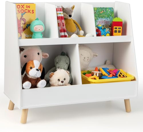 COSTWAY Kinderregal mit 5 offenen Fächern, Bücherregal Kinder, Kinderzimmerregal mit Massivholzbeinen & Kippschutz, Spielzeugregal für Kinderzimmer, Spielzimmer, Schlafzimmer, Weiß