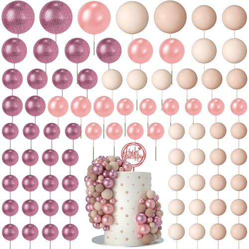 NACHLYNN 80 Pcs Cake Balls Decorations Mini Balloon Cake Topper Balls Foam Cupcake Toppers Balls for Cake Decorating Birthday Parties Weddings Anniversary (Glitter Rose Gold Khaki Series)