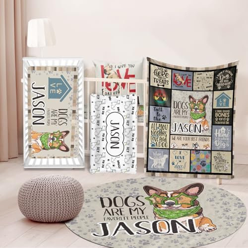 Personalisiertes Babybettwäsche-Set 5tlg, Hund Patchwork Design mit Individuellem Namen Kinderbettwäsche, Weich Decke, Laken, Kissenbezug, Wickelauflage, Teppich für Neugeborene Geschenke Farbe09