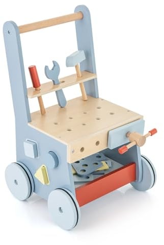 GOPLUS 2 in 1 Lauflernwagen, Lauflernhilfe Holz mit Werkzeugspielzeug, Multifunktionszentrum für Babys mit Stauraum, Montessori Spielzeug, Laufwagen für Kinder ab 1 Jahr