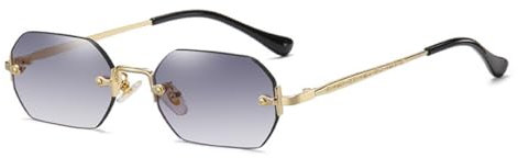qinqilanqi-S Rahmenlose Achteckige Sonnenbrille | Metall Retro | UV400 | Etwa 20g Leichtgewicht Damen Herren(Gold/Farbverlauf Grau)
