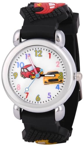 OFFCUP Kinderuhr, Kinder Uhren Analog, 3D Cartoon Lernuhr Quarzwerk, Silikon Uhrenarmband, 3 Jahre bis 11 Jahre, Armbanduhr Mädchen Junge Kinder analoge Quarzuhr -Schwarzes Auto