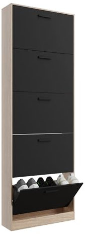 Casabel - Mueble zapatero de 15 pares - Estantería de gran capacidad para vestíbulo o pasillo - (ancho) 60 x (profundidad) 17 x (alto) 180 cm - Puertas negras con marco de madera clara