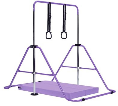 Gymnastics Bar with Mat, Adjustable Kids Gymnastics Equipment for Home, Training Kip Bar with Non-Slip Base, 5 Height Levels 31.5-51.2, Gym Bars for Children, Easy Assembly Design (With Mat, Purple)