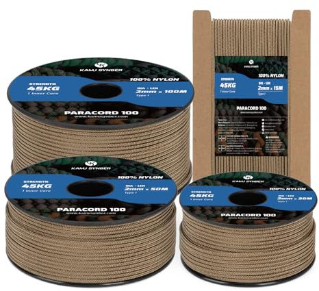 Kamu Synber 2mm Paracord 30M 100% Nylon 1 Hebra Cuerda Paracord Tipo I para Supervivencia, Exteriores, Bricolaje | Soporta 45kg | Marrón Barro