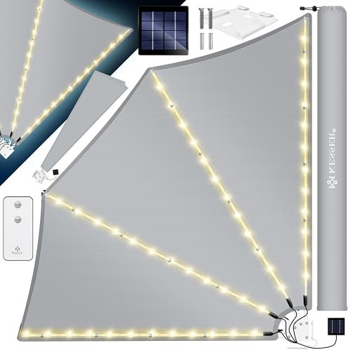 KESSER® Abanico para balcón con LED, plegable con soporte de pared, 140 x 140 cm, protección visual contra el viento, protección visual para balcón, toldo lateral, resistente a la intemperie, incluye