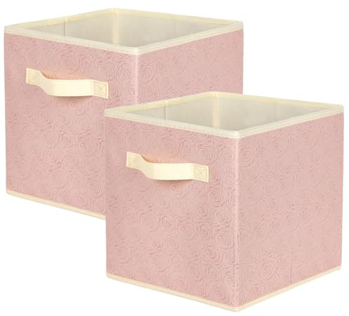 powerking Fabric Storage Box Bins, 2 Pack Foldable Cloth Storage Cube Organizer Drawer with 3D Embossed Rose Pattern For Closet And Toys Storage,27x27x28cm,Light Pink