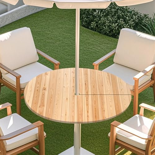 Odot Elastische Tischdecke Runde Outdoor mit Loch und Reißverschluss Holzmaserung Wasserdicht Abwaschbar Tischtuch Tischdecke Outdoor Wetterfest Gartentischdecke für Party Café (Klassiker,M:91-112cm)
