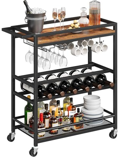 MAHANCRIS Bar Cart, 3-Tier Drinks Trolley on Wheels, Kitchen Serving Trolleys with Wine Rack, Rolling Beverage Cart with Shelves and Handle, for Living Room, Pub, Party, Rustic Brown ARCHR11801