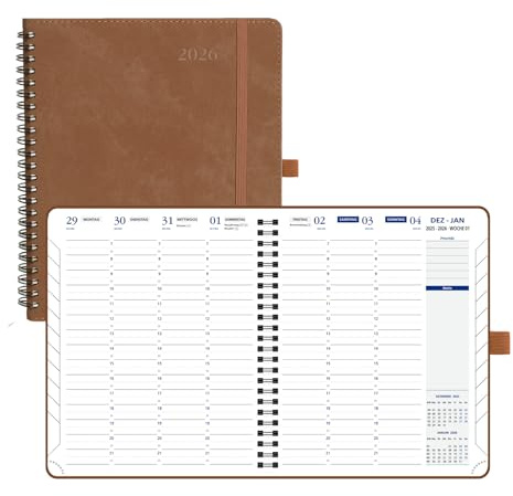 POPRUN Terminplaner 2026 A5+ Ringbuch auf Deutsch - Wochenplaner mit 30-Minuten-Taktung & Monatsregister. Kalender 2026 Buchkalender mit PU-Leder Softcover - Braun