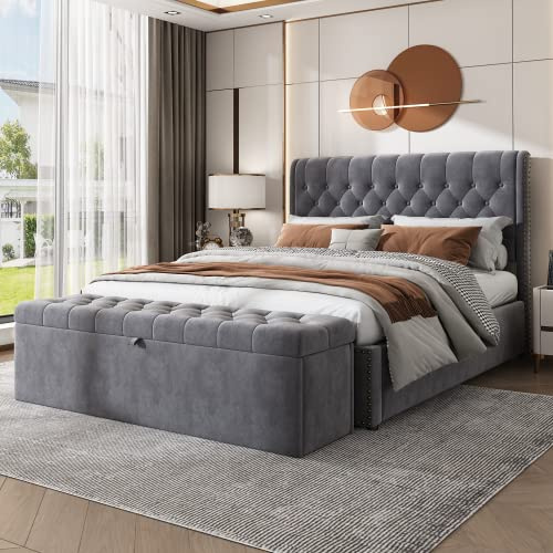 Physport Upholstered bed, Super King Size Bed-6ft(180 * 200cm), with hydraulic lever, functional storage bed, rivet decoration, without mattress, velvet, grey