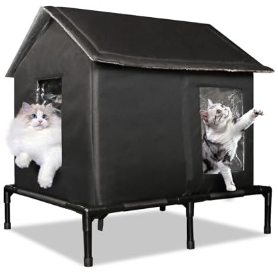 Solvify Outdoor Cat House for Feral Cats, Extra Large Insulated Stray Cat Shelter, Weatherproof Elevated Outside Cat and Dog House, Waterproof Cat Tent Pet House for Winter and Summer