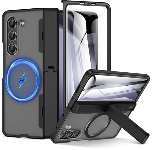 HWeggo für Samsung Galaxy Z Fold 5 Hülle mit Kickstand & Front Screen Protector, mit magnetischer Aufladung Magnetische Scharnier Schutz, stoßfest schützende Handyhülle, schwarz