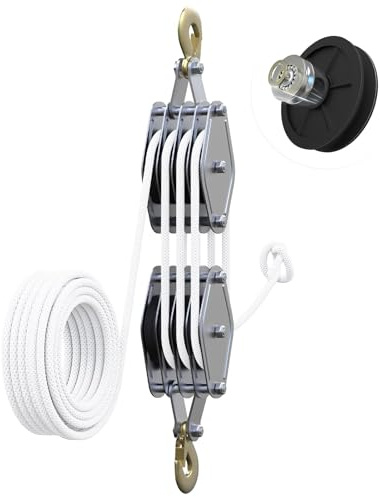 Block and Tackle 4400 LB Breaking Strength Heavy Duty Pulley, 65 Ft Rope Pulley, Upgraded Metal Bearing, 7:1 Lifting Power Pulley System, Pulley Hoist for Lifting Heavy Objects(White)