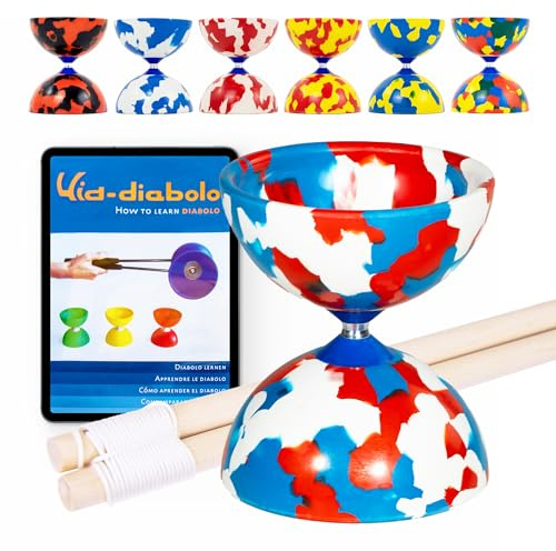 Juggle Dream Jester Diabolo Kit de Jonglerie - Axe Fixe Diabolo Professionnel avec Baguettes en Bois Vidéo Educative en Ligne - Jouet de Jonglage (Bleu/Blanc/Rouge)