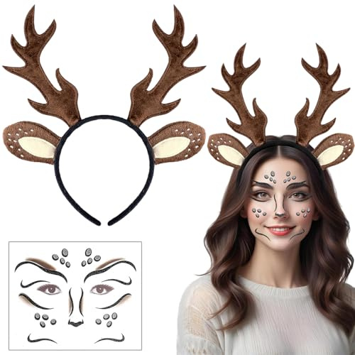 PWCTNT Rentier Haarreif, Karneval Kostüm, Haarreifen Damen Set Geweih Haarreif + Hirschgesichts Tattoo, Faschingskostüme Damen, REH Kostüm Damen Für Kostüm Karneval Cosplay (Kaffeehirsch)
