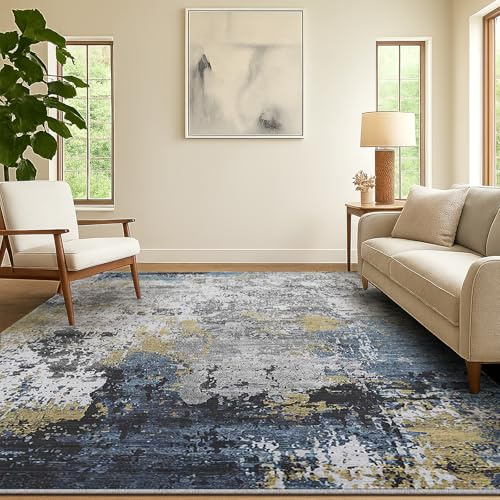 SOANNY Teppich Wohnzimmer, Kurzflor rutschfest, 120x170 cm, Marineblau-Gold | Modern Abstrakt, Waschbar, Pflegeleicht, Rutschfest, Für Wohnzimmer Schlafzimmer Kinderzimmer Esszimmer Büro