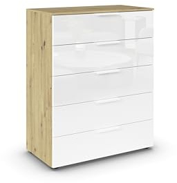 Rauch Möbel Flipp, Kommode, Farbe Glas Weiß/Eiche Artisan, Breite 80 cm | Sideboard, 5 Schubladen, Soft-Close-Funktion, für Schlafzimmer, Gästezimmer, Wohnzimmer, Garderobe, Flur
