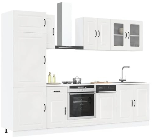 Owoxanthellate 8-TLG Küchenschrank Set Kalmar Hochglanz Weiß 80x46x81,5 cm Holzwerkstoff mit Glastüren Moderne Küchenzeile ohne Elektrogeräte Stauraumwunder für Esszimmer Küche Wohnzimmer