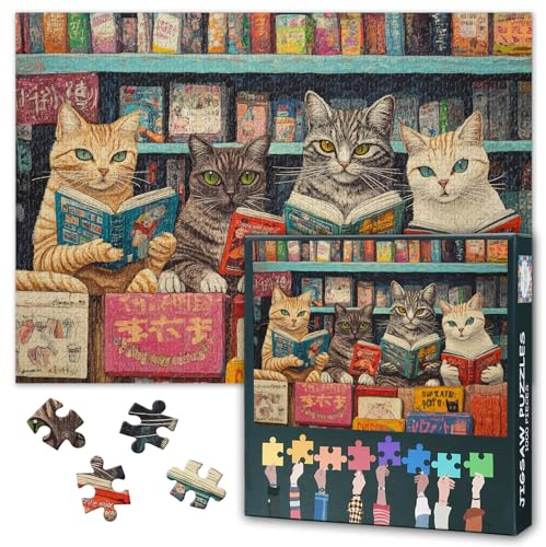 Puzzle 1000 Teile für Erwachsene, 70 x 50 cm, Die Katze in der Bibliothek, Premium-Pappe mit Anti-Reflex-Oberfläche, Inklusive Poster, Ideales Geduldspiel & Entspannung, Perfekte Passform