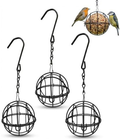 AEUXZA Set of 3 Metal Bird Feeders, Grease Ball Holder Ø 75 mm, Feeding Station with Chain 280 mm for Balcony and Garden, Black.