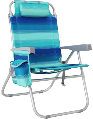 LIFERUN Strandstuhl Klappbar Leicht Aluminium, Rucksack Klappstuhl Strand, Campingstuhl Kann Flach Liegen,bis 150 kg belastbar, Outdoor Faltstuhl mit Verstellbarer Hohe Rückenlehne Eisbeutel Blau
