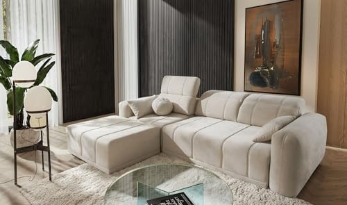 IM SOFA Modernes Ecksofa Ravello I mit Schlaffunktion & Bettkasten, verstellbare Kopfstützen und Rückenlehnen, Wohnzimmer Couch (Beige, Links)