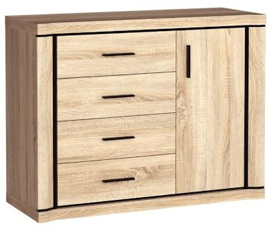 Masseno Kommode Malaga 117 cm Sideboard mit 4 Schubladen und 1 Türen für Wohnzimmer Schlafzimmer Modern 117x45x91 cm Sonoma Eiche