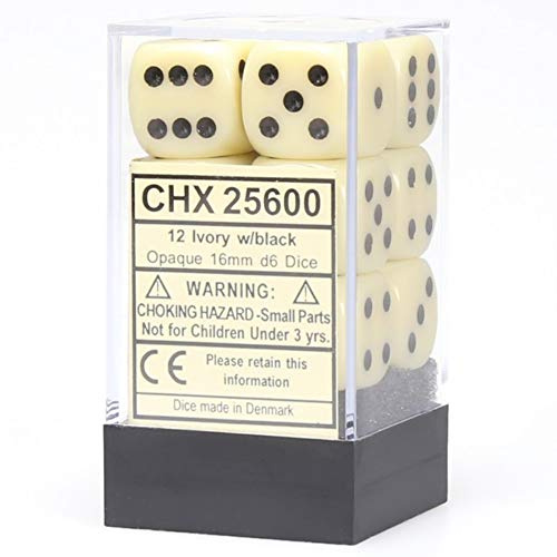 Chessex Opaque 16mm d6 with pips Dice Blocks (12 Dice) - Ivory w/Black