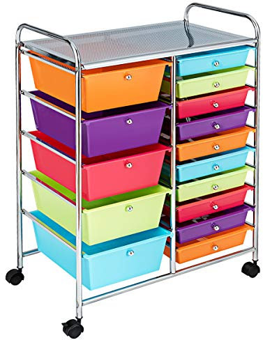 COSTWAY Chariot de Rangement à Roulette 15 Tiroirs en PP, Tour avec Tablette, Cadre en Métal, Desserte Meuble pour Cuisine, École, 62,5x37x87cm(Multicolore)