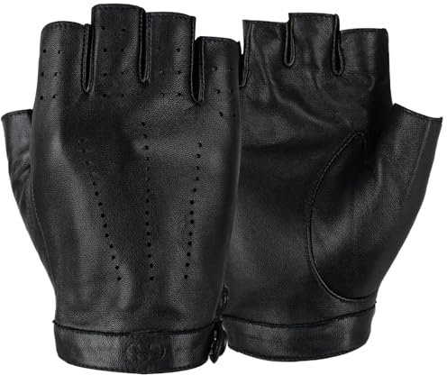 GSG SINCE 1998 Halbfinger Lederhandschuhe Damen – Fingerlose Fahrhandschuhe aus weichem Schafsleder, atmungsaktive handschuhe mit Druckknopfverschluss, Geschenkverpackung Schwarz XL