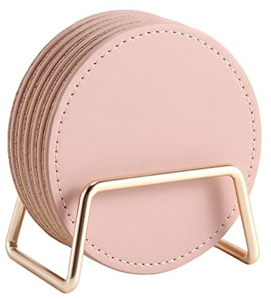 CASEGRACE Lot de 6 dessous de verre avec support en métal - En cuir synthétique avec base en liège - Décoration pour tasse à café - Cadeau de pendaison de crémaillère - Décoration d'intérieur