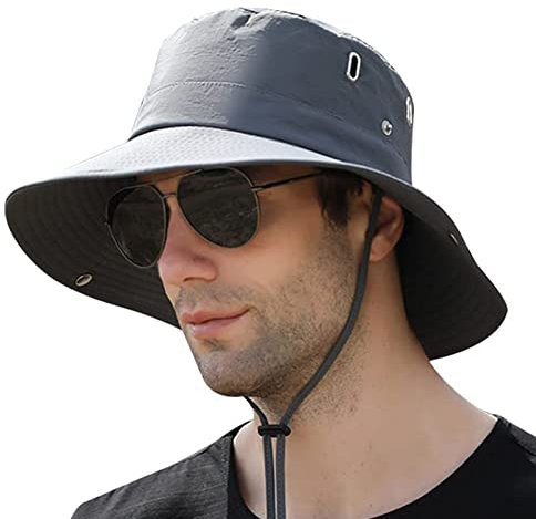 Sonnenhut Herren Damen Sommerhut UV Schutz Fischerhut Faltbar Safari Hut mit Breiter Krempe Gartenhut Wandern Angeln (Grau)