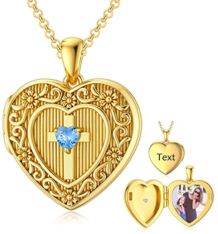 SOULMEET Personalisiert Herz geformt Kreuz Medaillon Halskette mit Aquamarin-Kristall, die Bilder hält Foto Personalisierte Medaillon Halskette Sterling Silber,Gravurfähig
