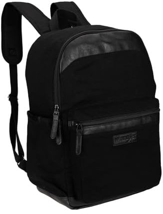 Wrangler Powell Backpack for Travel Classic Logo Water Resistant Casual Daypack for Travel with Padded Laptop Notebook Sleeve, Black, Daypack Backpacks