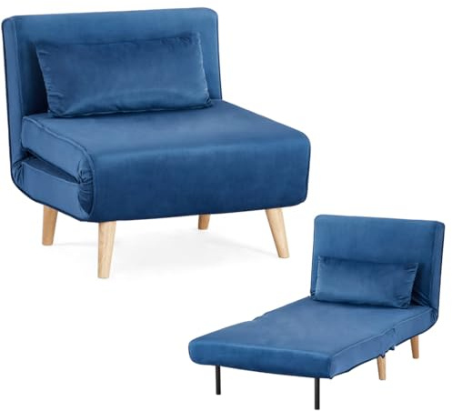 Home Detail Kendal Single Sofa Bed Chair, Blue Velvet | Pull Out, Velvet Fabric
