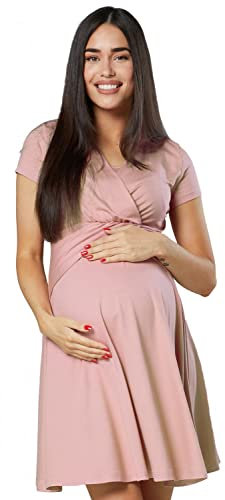 HAPPY MAMA Donna Vestito prémaman per L'Allattamento Abito con Maniche Corte 605 (Rosa Cipria, IT 40, S)