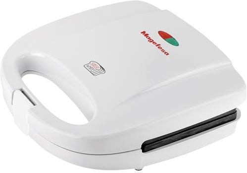 Magefesa Suisse White - Sanwichera Blanca, Capacidad para 2 Sandwiches, Asa Fría al Tacto, Placas Grill Antiadherentes, Sin BPA, Sellado Perfecto