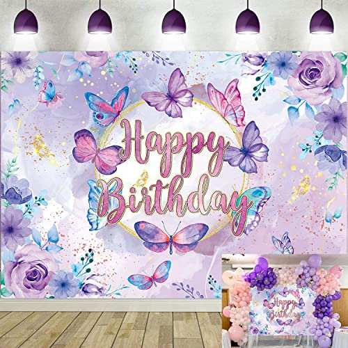 BINQOO 2,1 x 1,5 m Lila Schmetterling Blumen Geburtstag Backdrop Wonderland Schmetterling Küsse Gold Glitter Floral Hintergrund Mädchen 1. Baby Dusche Party Fotografie Zubehör