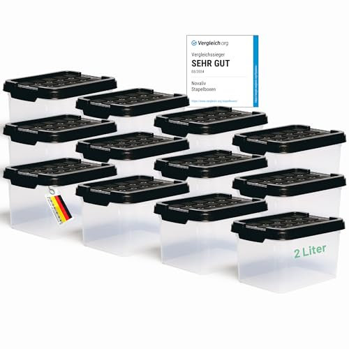 Novaliv 12x Aufbewahrungsboxen mit Deckel klein 2 L Anthrazit Nestbar stapelbare Plastikboxen mit Clipverschluss Kunststoff BPA-frei 19 x 14 x 11 cm