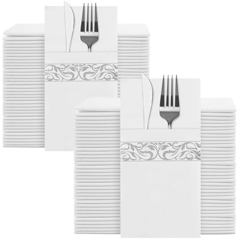 YIDUHAO Serviette jetable en tissu comme des serviettes avec poche intégrée pour couverts, serviette blanche au toucher lin pour fête de mariage, pré-pliée pour l'argenterie (argent, 100 unités)